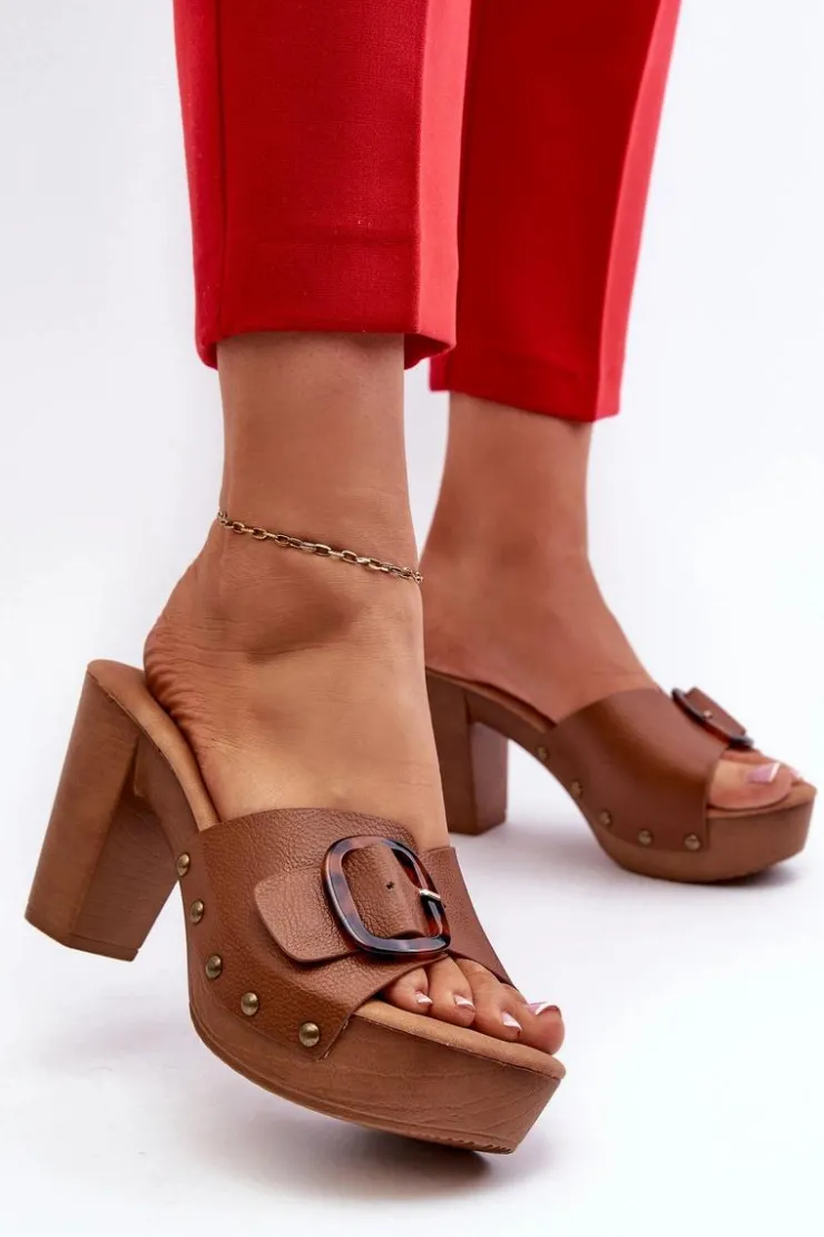 Hot Evento Klapki Damskie Na Obcasie Słupku Z Klamrą Brązowe Betinna