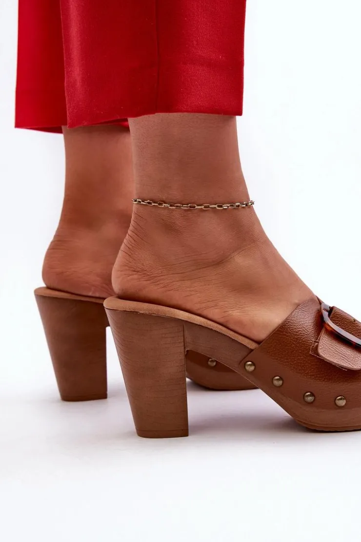 Hot Evento Klapki Damskie Na Obcasie Słupku Z Klamrą Brązowe Betinna