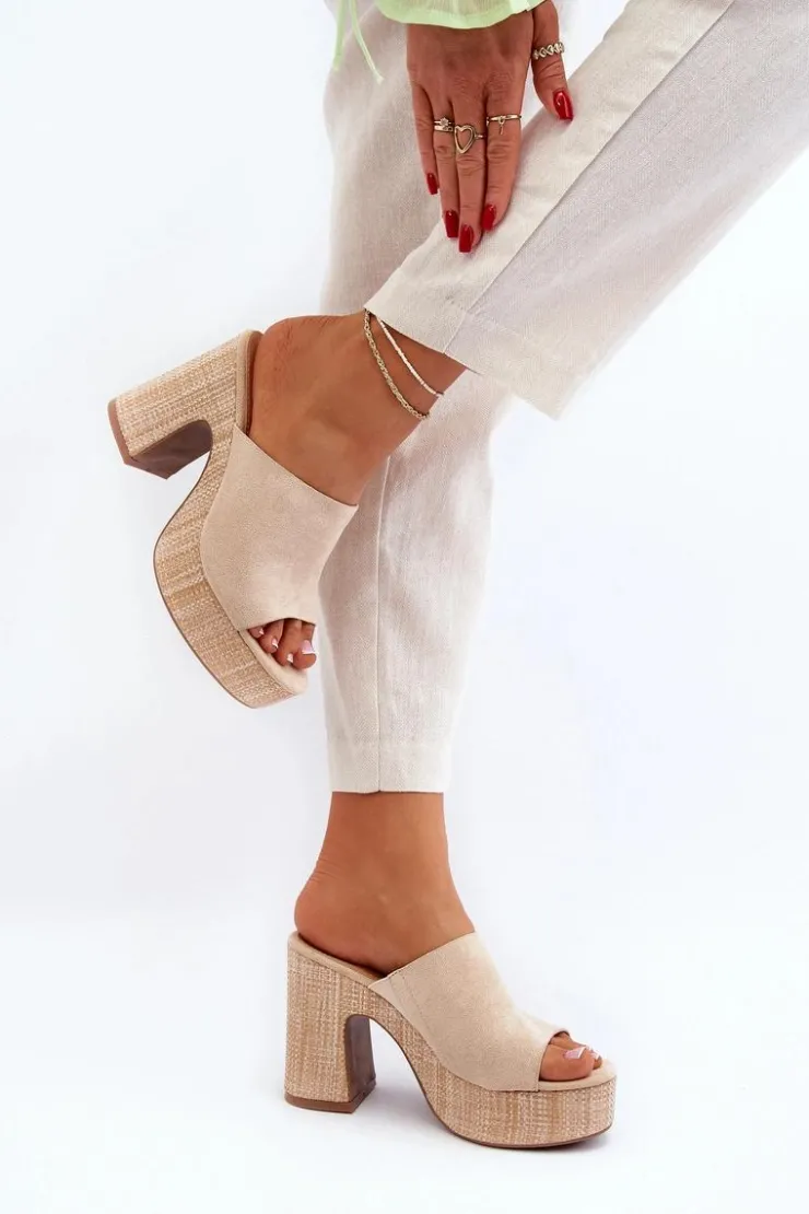 Outlet Boto Klapki Damskie Na Obcasie Słupku Beżowe Siobhan