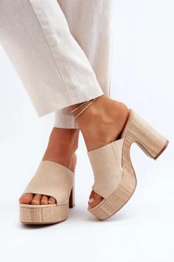 Outlet Boto Klapki Damskie Na Obcasie Słupku Beżowe Siobhan