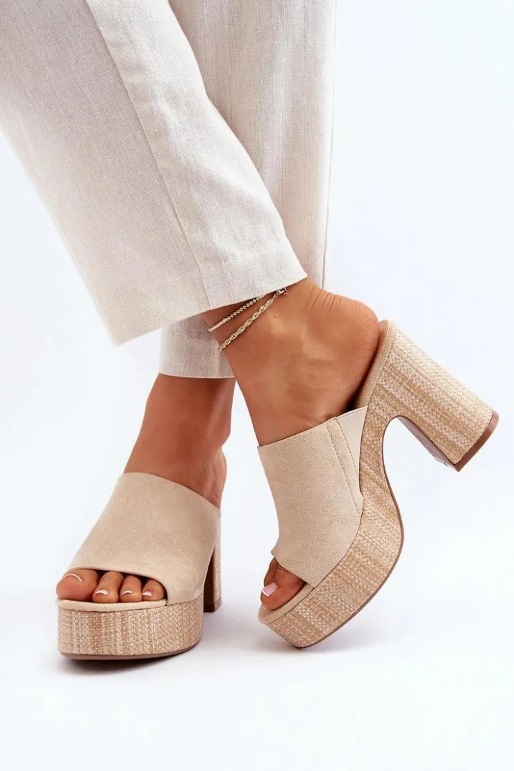 Outlet Boto Klapki Damskie Na Obcasie Słupku Beżowe Siobhan