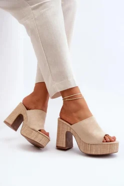 Outlet Boto Klapki Damskie Na Obcasie Słupku Beżowe Siobhan