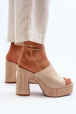 Outlet Boto Klapki Damskie Na Obcasie Słupku Beżowe Siobhan