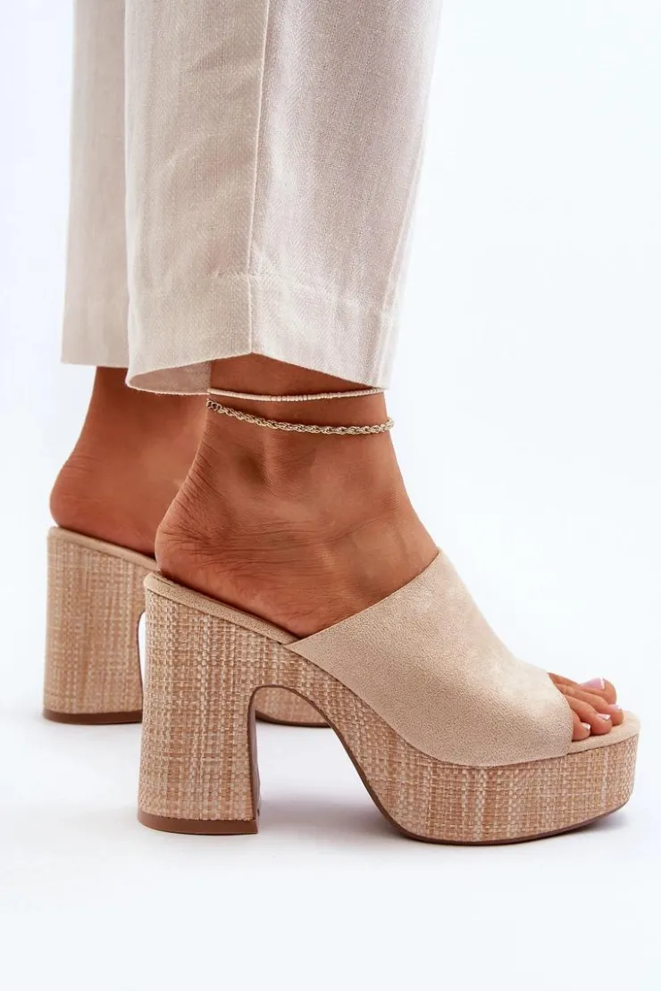 Outlet Boto Klapki Damskie Na Obcasie Słupku Beżowe Siobhan