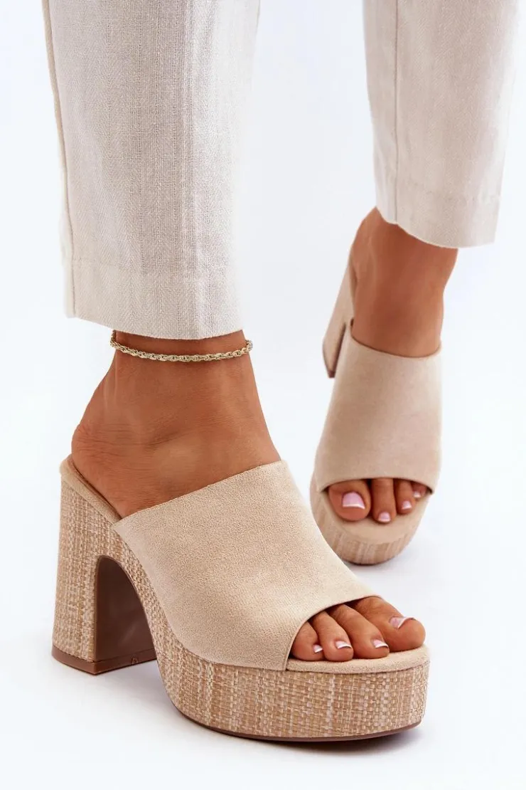 Outlet Boto Klapki Damskie Na Obcasie Słupku Beżowe Siobhan