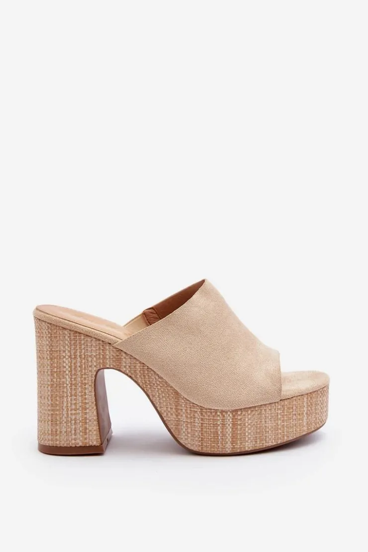 Outlet Boto Klapki Damskie Na Obcasie Słupku Beżowe Siobhan