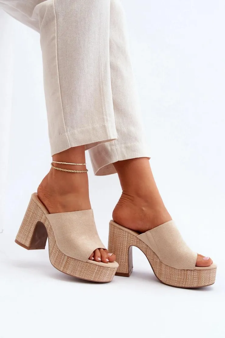 Outlet Boto Klapki Damskie Na Obcasie Słupku Beżowe Siobhan