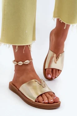 Damskie Boto Klapki Damskie Na Płaskiej Podeszwie Z Ozdobą Eko Skórzane Złote Makia