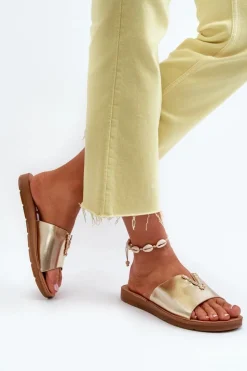 Damskie Boto Klapki Damskie Na Płaskiej Podeszwie Z Ozdobą Eko Skórzane Złote Makia