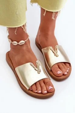 Damskie Boto Klapki Damskie Na Płaskiej Podeszwie Z Ozdobą Eko Skórzane Złote Makia