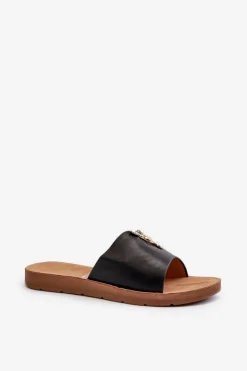 Boto Klapki Damskie Klasyczne*Klapki Damskie Na Płaskiej Podeszwie Z Ozdobą Eko Skórzane Czarne Makia