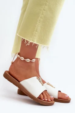 Sale Boto Klapki Damskie Na Płaskiej Podeszwie Z Ozdobą Eko Skórzane Białe Makia