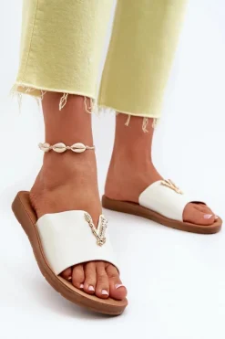 Sale Boto Klapki Damskie Na Płaskiej Podeszwie Z Ozdobą Eko Skórzane Białe Makia