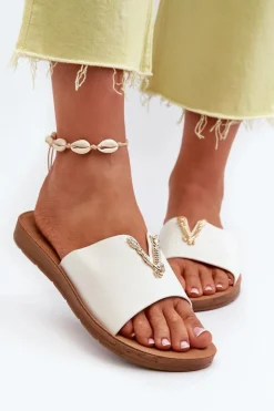 Sale Boto Klapki Damskie Na Płaskiej Podeszwie Z Ozdobą Eko Skórzane Białe Makia