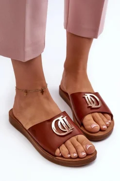 Boto Klapki Damskie Klasyczne*Klapki Damskie Na Płaskiej Podeszwie Z Ozdobą Brązowe Amoonia