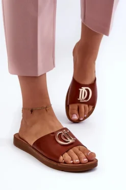 Boto Klapki Damskie Klasyczne*Klapki Damskie Na Płaskiej Podeszwie Z Ozdobą Brązowe Amoonia