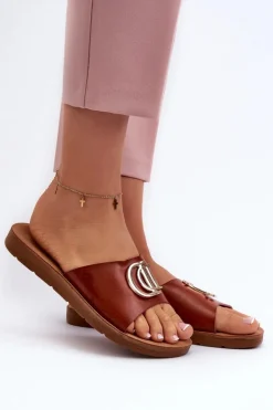 Boto Klapki Damskie Klasyczne*Klapki Damskie Na Płaskiej Podeszwie Z Ozdobą Brązowe Amoonia