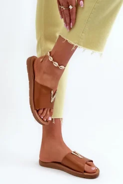 Boto Klapki Damskie Klasyczne*Klapki Damskie Na Płaskiej Podeszwie Z Ozdobą Eko Skórzane Brązowe Makia