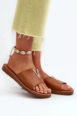 Boto Klapki Damskie Klasyczne*Klapki Damskie Na Płaskiej Podeszwie Z Ozdobą Eko Skórzane Brązowe Makia