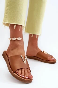 Boto Klapki Damskie Klasyczne*Klapki Damskie Na Płaskiej Podeszwie Z Ozdobą Eko Skórzane Brązowe Makia