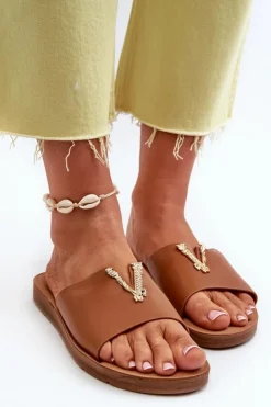 Boto Klapki Damskie Klasyczne*Klapki Damskie Na Płaskiej Podeszwie Z Ozdobą Eko Skórzane Brązowe Makia