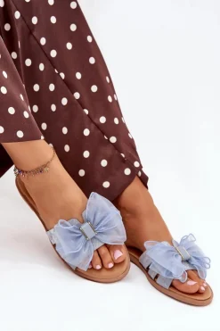 Damskie Boto Klapki Damskie Na Płaskim Obcasie Z Tiulową Kokardą Jeansowe Tanira