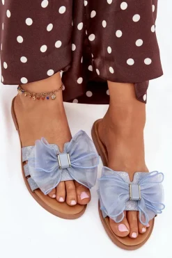 Damskie Boto Klapki Damskie Na Płaskim Obcasie Z Tiulową Kokardą Jeansowe Tanira