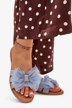 Damskie Boto Klapki Damskie Na Płaskim Obcasie Z Tiulową Kokardą Jeansowe Tanira