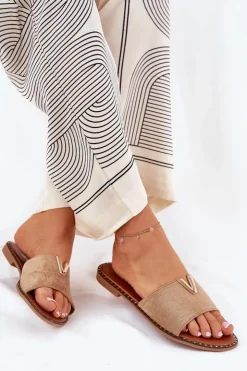 Boto Klapki Damskie Klasyczne*Klapki Damskie Na Płaskim Obcasie Z Ozdobnymi Detalami Khaki Saliena