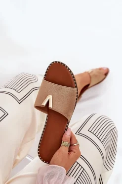 Boto Klapki Damskie Klasyczne*Klapki Damskie Na Płaskim Obcasie Z Ozdobnymi Detalami Khaki Saliena