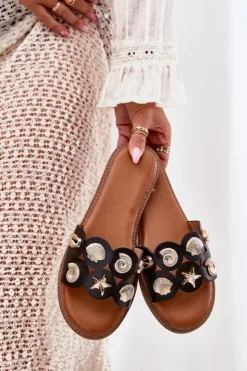 Boto Klapki Damskie Klasyczne*Klapki Damskie Na Płaskim Obcasie Ze Złotymi Przypinkami Czarne Nalothiel Czarny