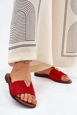 Hot Boto Klapki Damskie Na Płaskim Obcasie Z Ozdobnymi Detalami Czerwone Saliena