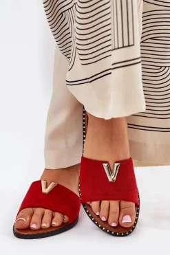 Hot Boto Klapki Damskie Na Płaskim Obcasie Z Ozdobnymi Detalami Czerwone Saliena