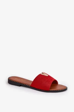 Hot Boto Klapki Damskie Na Płaskim Obcasie Z Ozdobnymi Detalami Czerwone Saliena