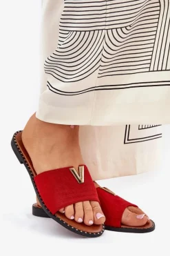 Hot Boto Klapki Damskie Na Płaskim Obcasie Z Ozdobnymi Detalami Czerwone Saliena