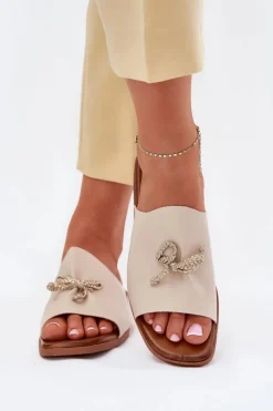 Evento Klapki Damskie Klasyczne*Klapki Damskie Na Płaskim Obcasie Z Ozdobnym Wiązaniem Beżowe Norela Beżowy
