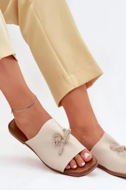 Evento Klapki Damskie Klasyczne*Klapki Damskie Na Płaskim Obcasie Z Ozdobnym Wiązaniem Beżowe Norela Beżowy
