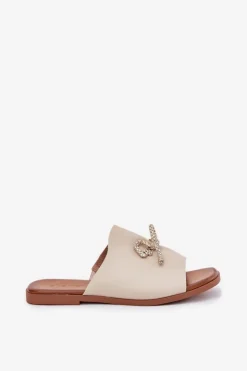 Evento Klapki Damskie Klasyczne*Klapki Damskie Na Płaskim Obcasie Z Ozdobnym Wiązaniem Beżowe Norela Beżowy