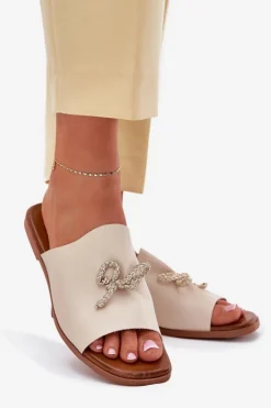 Evento Klapki Damskie Klasyczne*Klapki Damskie Na Płaskim Obcasie Z Ozdobnym Wiązaniem Beżowe Norela Beżowy