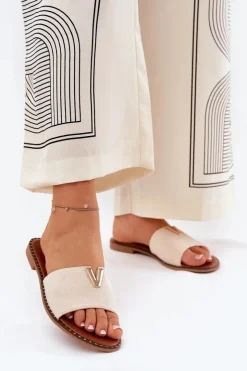 Damskie Boto Klapki Damskie Na Płaskim Obcasie Z Ozdobnymi Detalami Beżowe Saliena