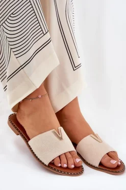 Damskie Boto Klapki Damskie Na Płaskim Obcasie Z Ozdobnymi Detalami Beżowe Saliena