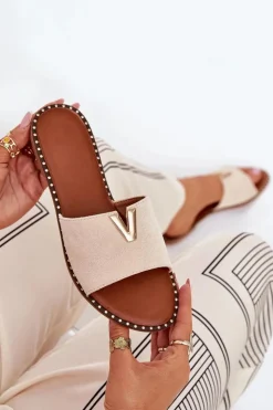 Damskie Boto Klapki Damskie Na Płaskim Obcasie Z Ozdobnymi Detalami Beżowe Saliena