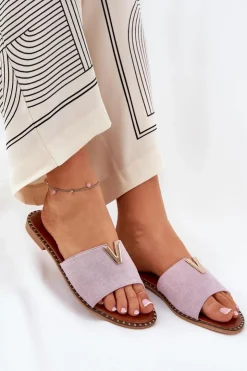 Damskie Boto Klapki Damskie Na Płaskim Obcasie Z Ozdobnymi Detalami Fioletowe Saliena