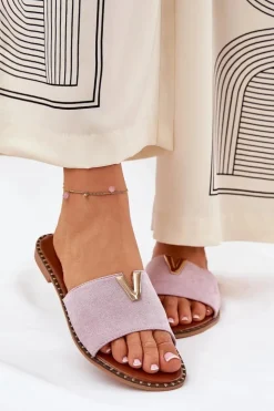 Damskie Boto Klapki Damskie Na Płaskim Obcasie Z Ozdobnymi Detalami Fioletowe Saliena