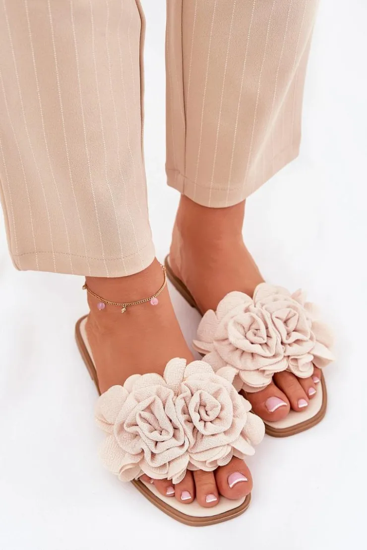 Outlet Boto Klapki Damskie Na Płaskim Obcasie Z Ozdobnymi Kwiatami Beżowe Misorsse