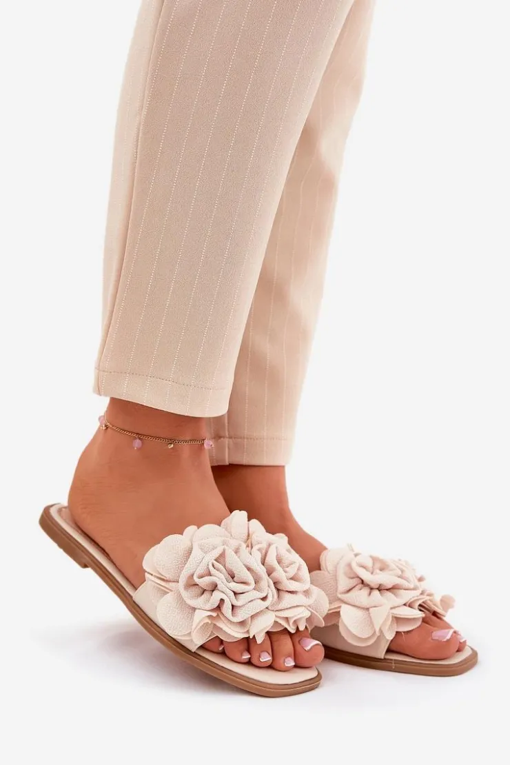 Outlet Boto Klapki Damskie Na Płaskim Obcasie Z Ozdobnymi Kwiatami Beżowe Misorsse