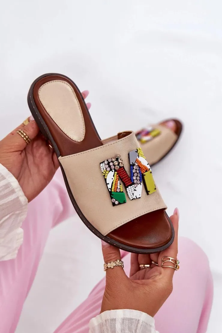 Boto Klapki Damskie Klasyczne*Klapki Damskie Na Płaskim Obcasie Z Ozdobą Złote Clelione Złoty