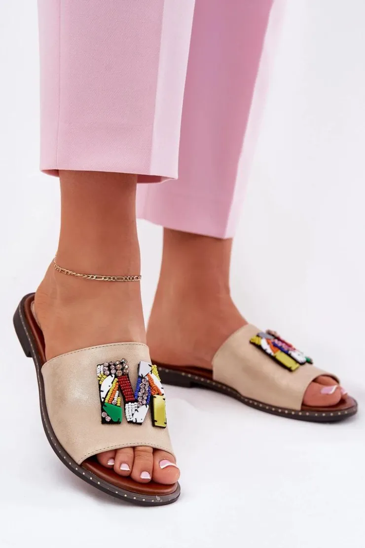 Boto Klapki Damskie Klasyczne*Klapki Damskie Na Płaskim Obcasie Z Ozdobą Złote Clelione Złoty