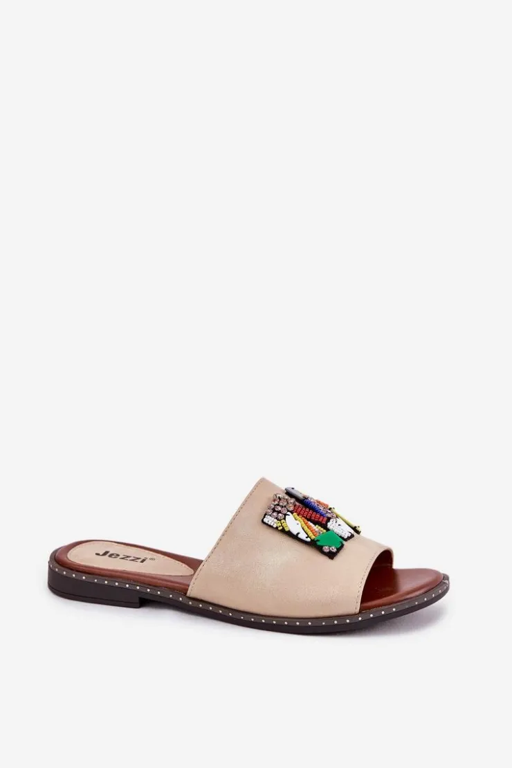 Boto Klapki Damskie Klasyczne*Klapki Damskie Na Płaskim Obcasie Z Ozdobą Złote Clelione Złoty