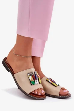 Boto Klapki Damskie Klasyczne*Klapki Damskie Na Płaskim Obcasie Z Ozdobą Złote Clelione Złoty